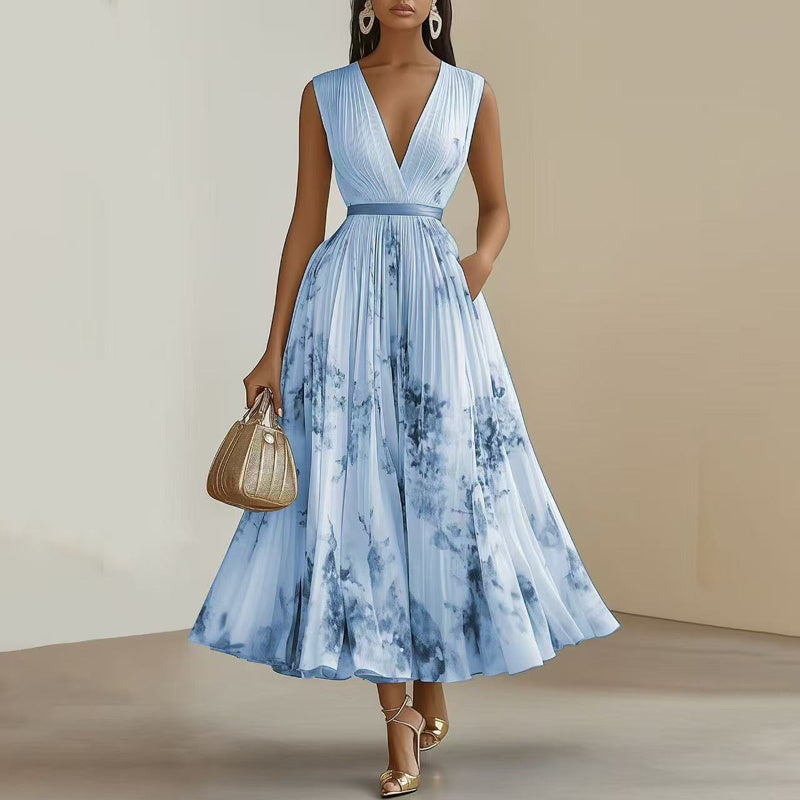 Women's Floral Print Sleeveless Maxi Dress With Pockets