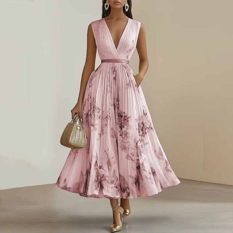 Women's Floral Print Sleeveless Maxi Dress With Pockets