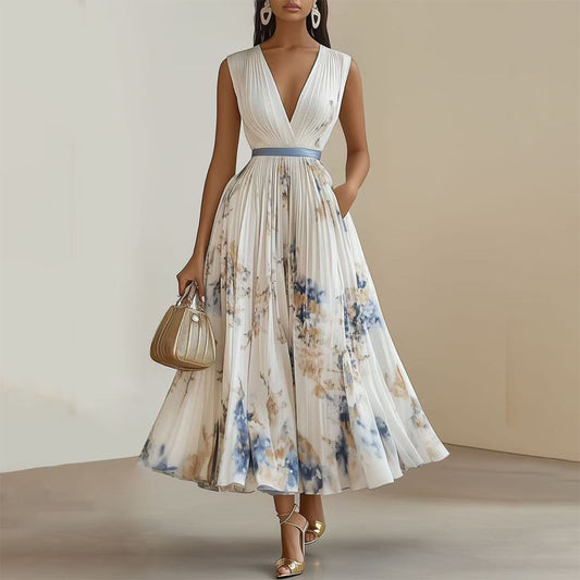 Women's Floral Print Sleeveless Maxi Dress With Pockets