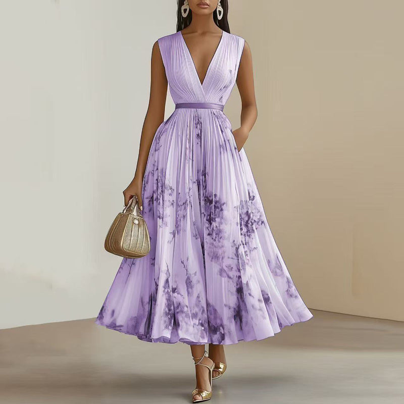 Women's Floral Print Sleeveless Maxi Dress With Pockets