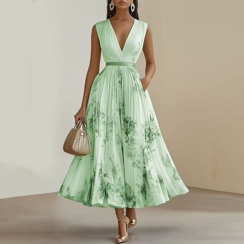 Women's Floral Print Sleeveless Maxi Dress With Pockets