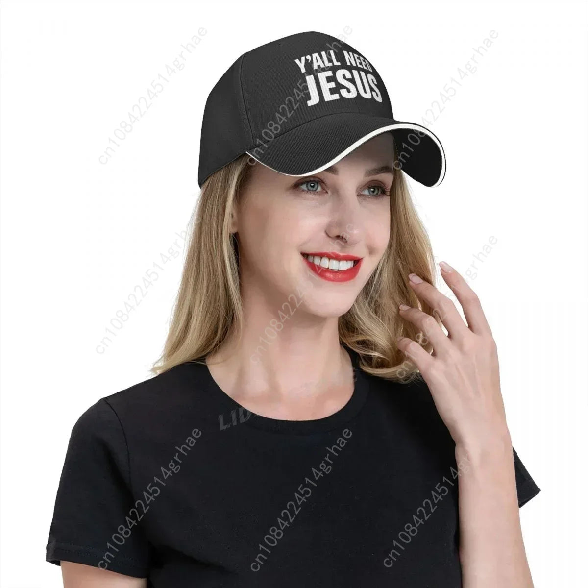 Woman wearing a black cap with 'Y'all Need Jesus' text on a white background